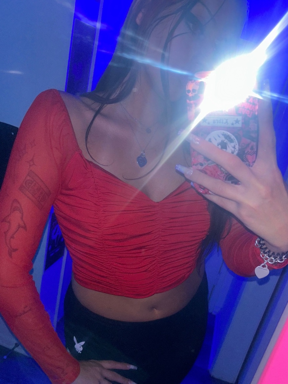 Ladies Sexy Red mesh long sleeve tapered cropped shirt